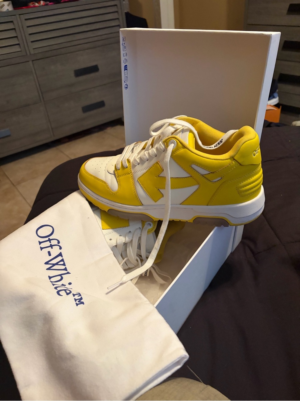 “Out of Office” Off-White Men Yellow and White Low-Top Sneakers